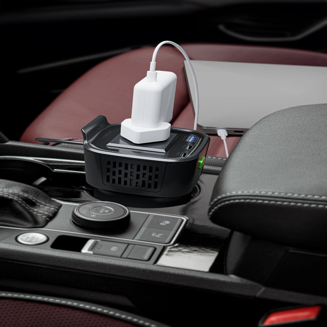 Cup Holder Power Inverter - 150W Car Charger Inverter with Dual USB-C & QC3.0 Ports