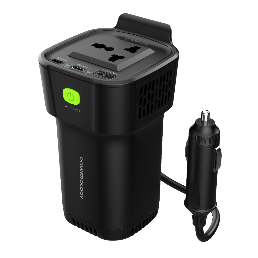 Cup Holder Power Inverter - 150W Car Charger Inverter with Dual USB-C & QC3.0 Ports