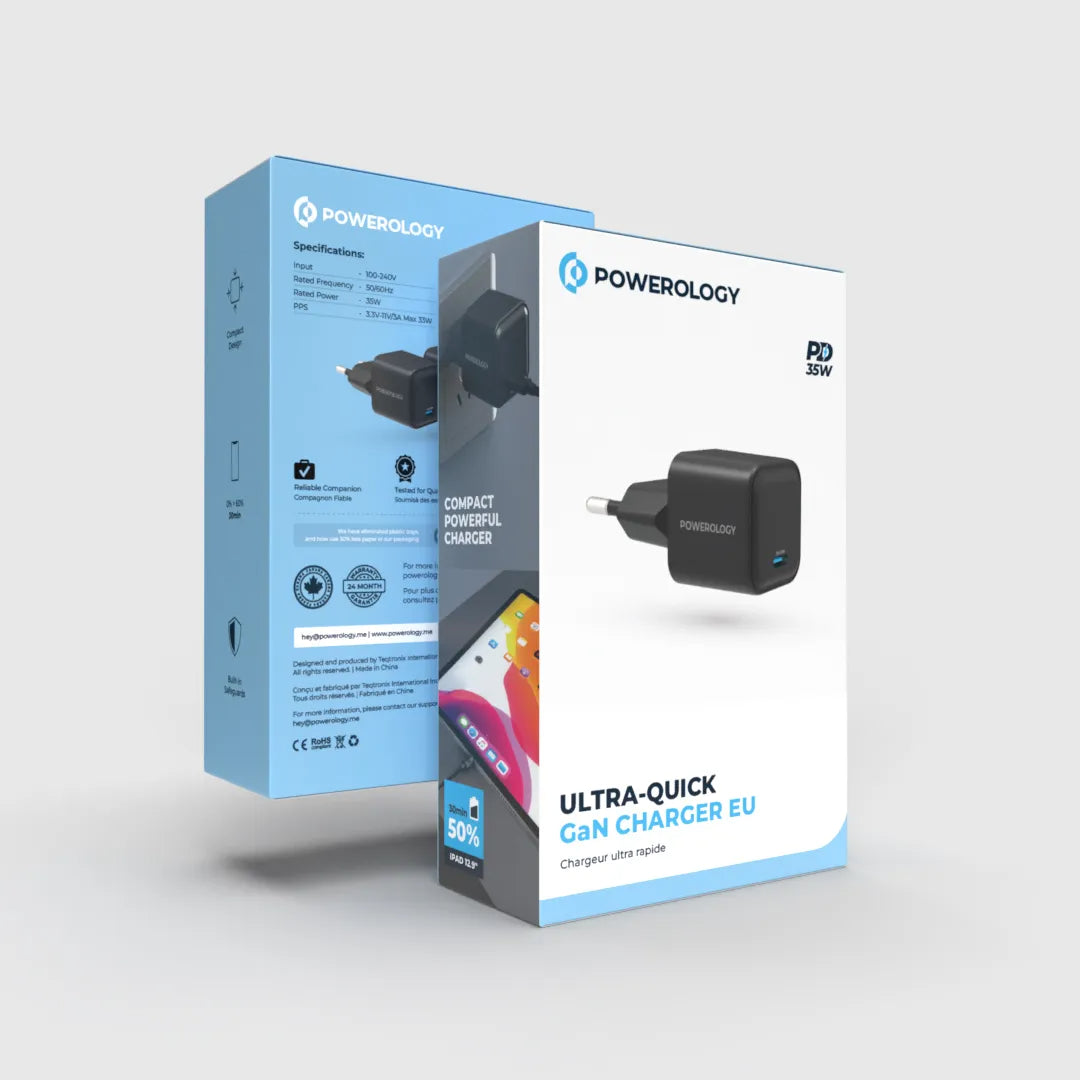 35W GaN Charger - Powerology Fast Charging Adapter for iPad 12.9" | Compact USB-C PD