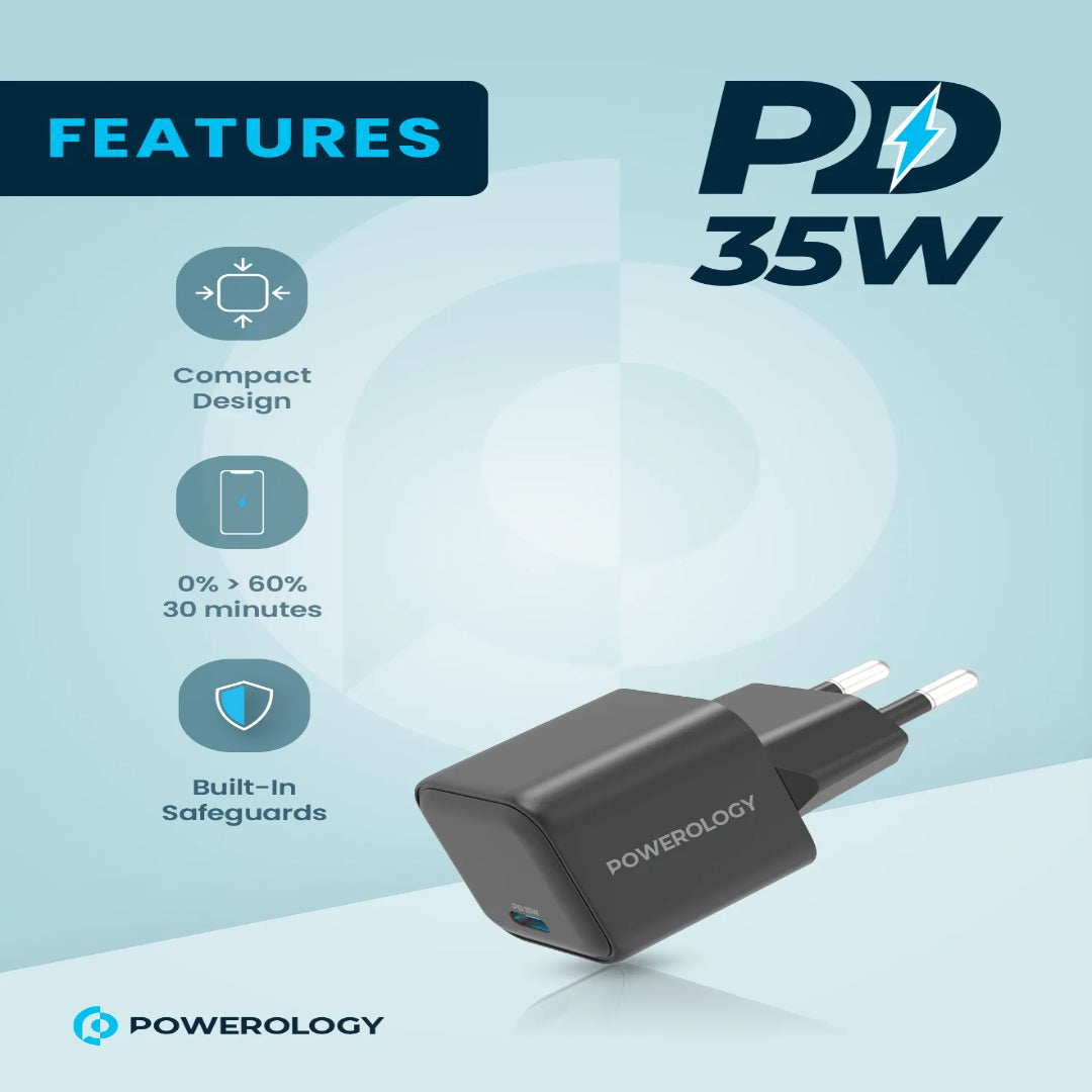 35W GaN Charger - Powerology Fast Charging Adapter for iPad 12.9" | Compact USB-C PD
