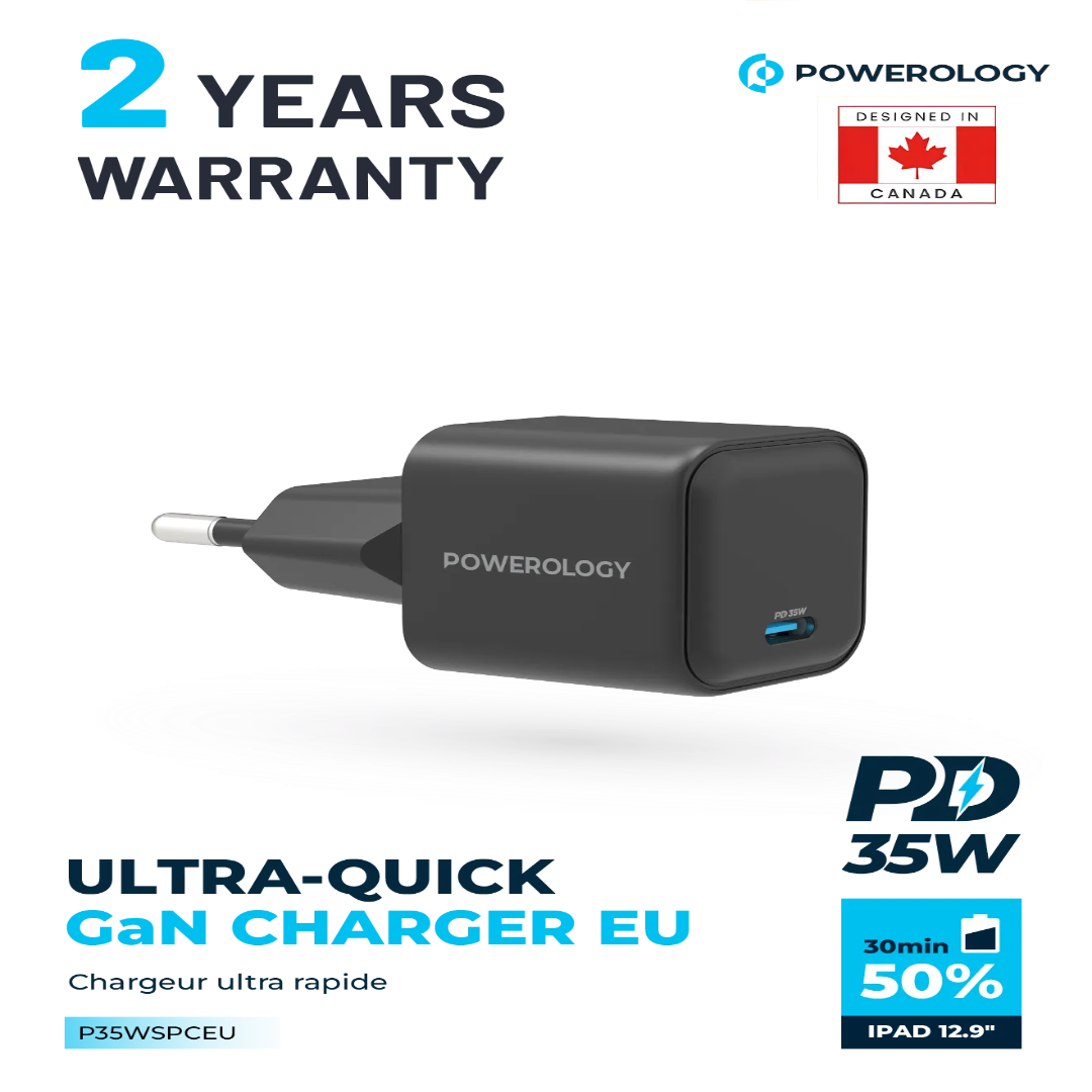 35W GaN Charger - Powerology Fast Charging Adapter for iPad 12.9" | Compact USB-C PD