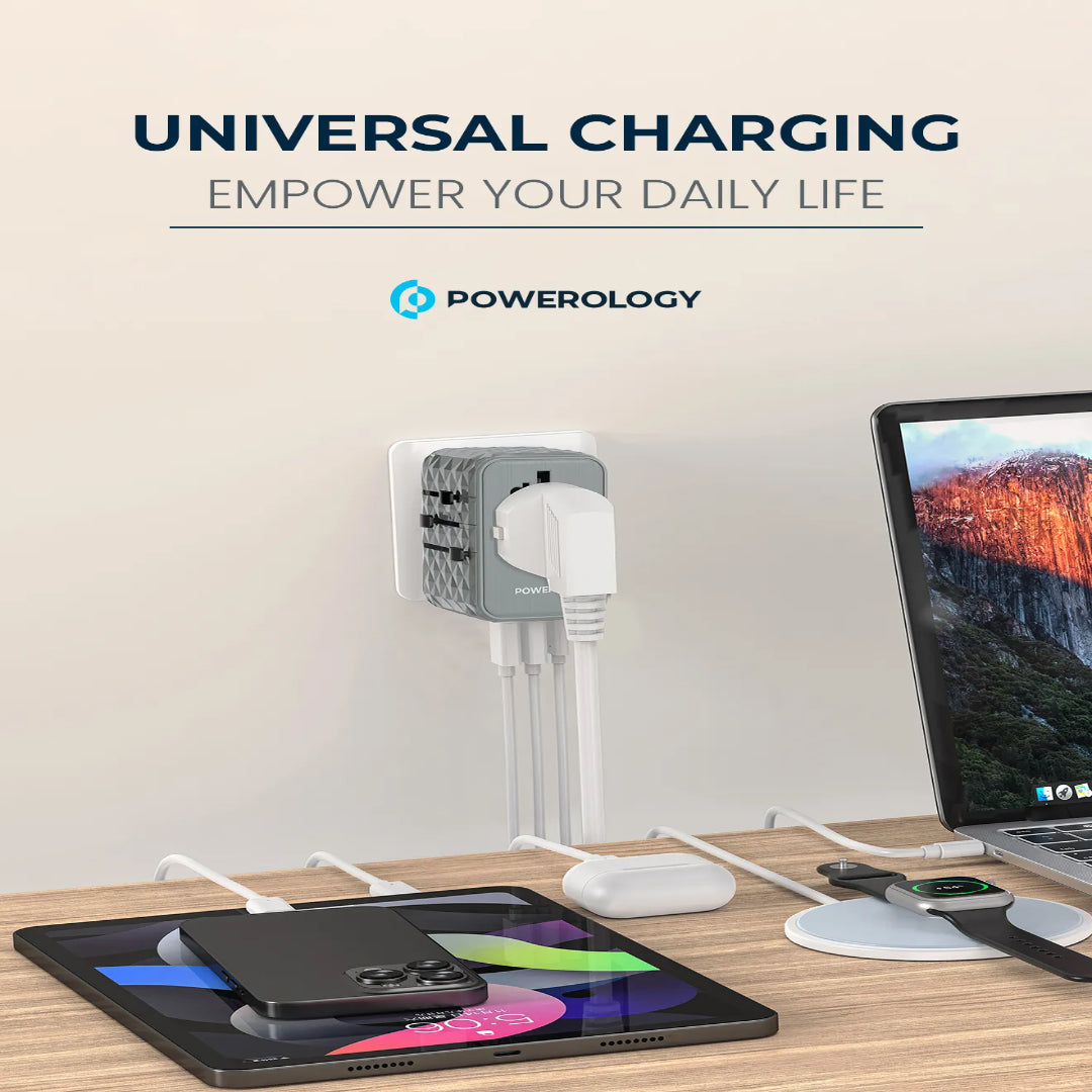 GaN Travel Adapter - Powerology 65W Multi Port Charger | Fast Charging USB-C PD