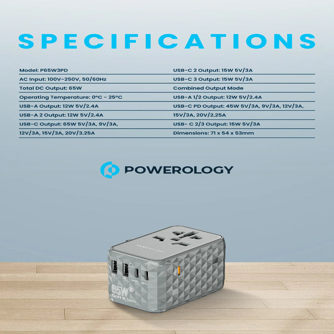 GaN Travel Adapter - Powerology 65W Multi Port Charger | Fast Charging USB-C PD