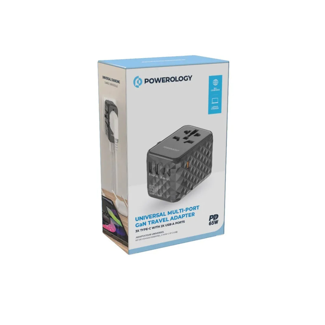 GaN Travel Adapter - Powerology 65W Multi Port Charger | Fast Charging USB-C PD