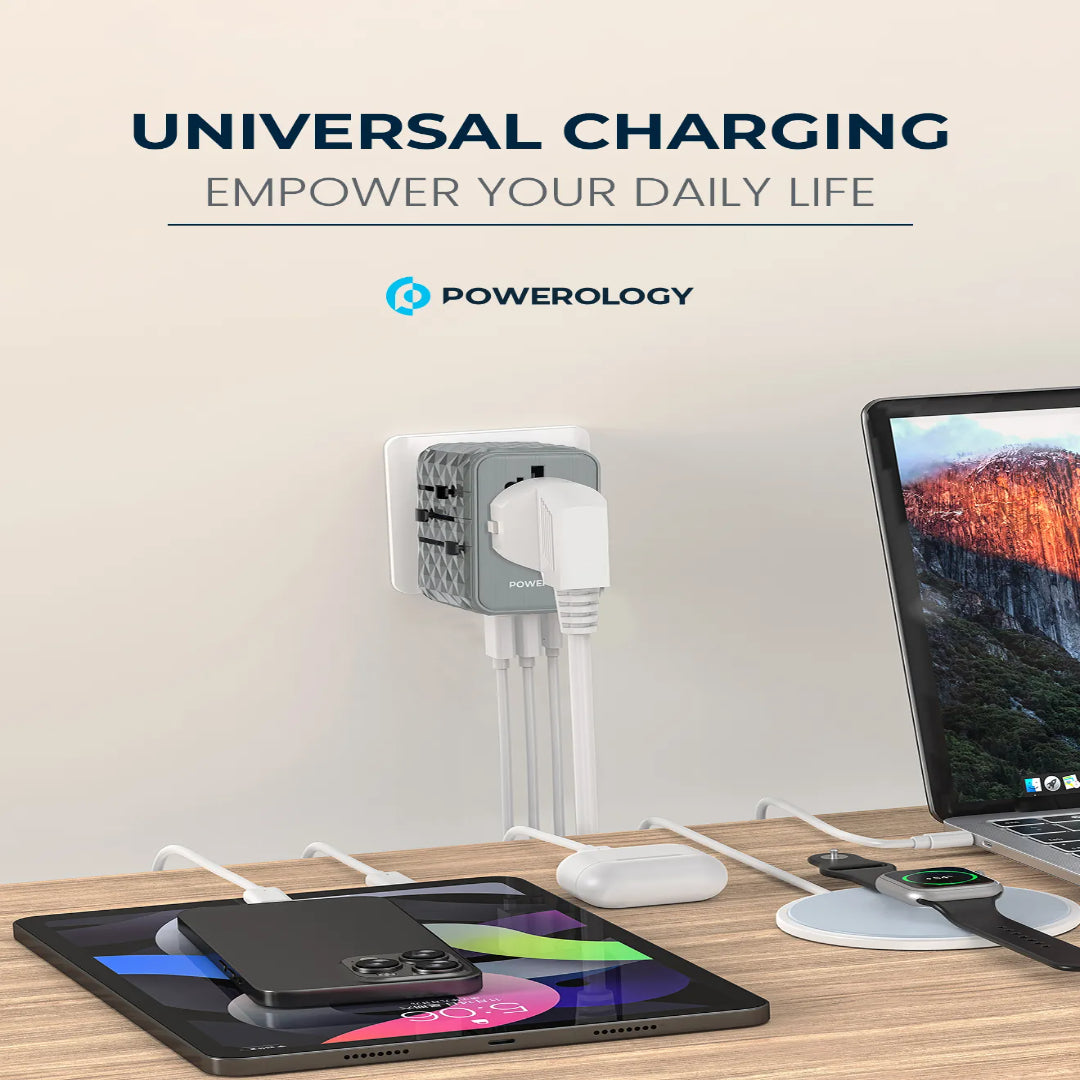 GaN Travel Adapter - Powerology 65W Multi Port Charger | Fast Charging USB-C PD