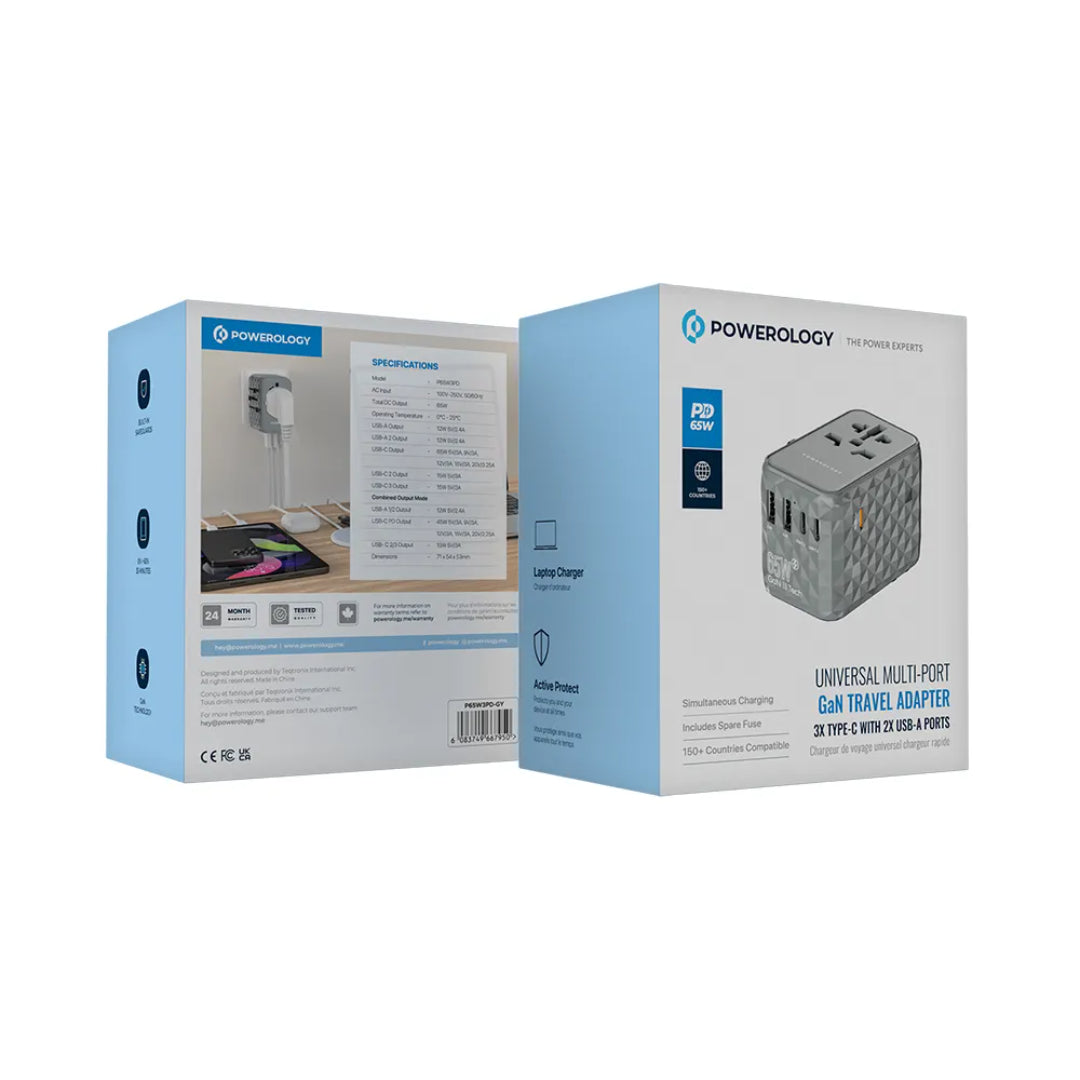 GaN Travel Adapter - Powerology 65W Multi Port Charger | Fast Charging USB-C PD