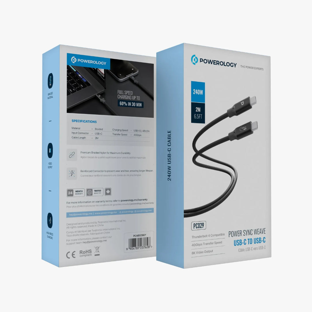 240W USB-C Cable - Powerology Power Sync Weave 2M Braided Nylon Fast Charging