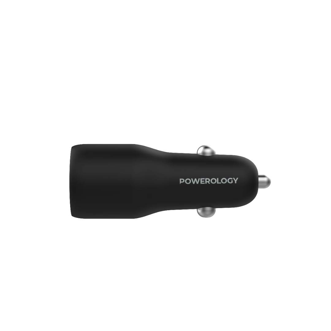 Dual Port Car Charger - Powerology 53W Fast Charging USB-C & USB-A Black Adapter