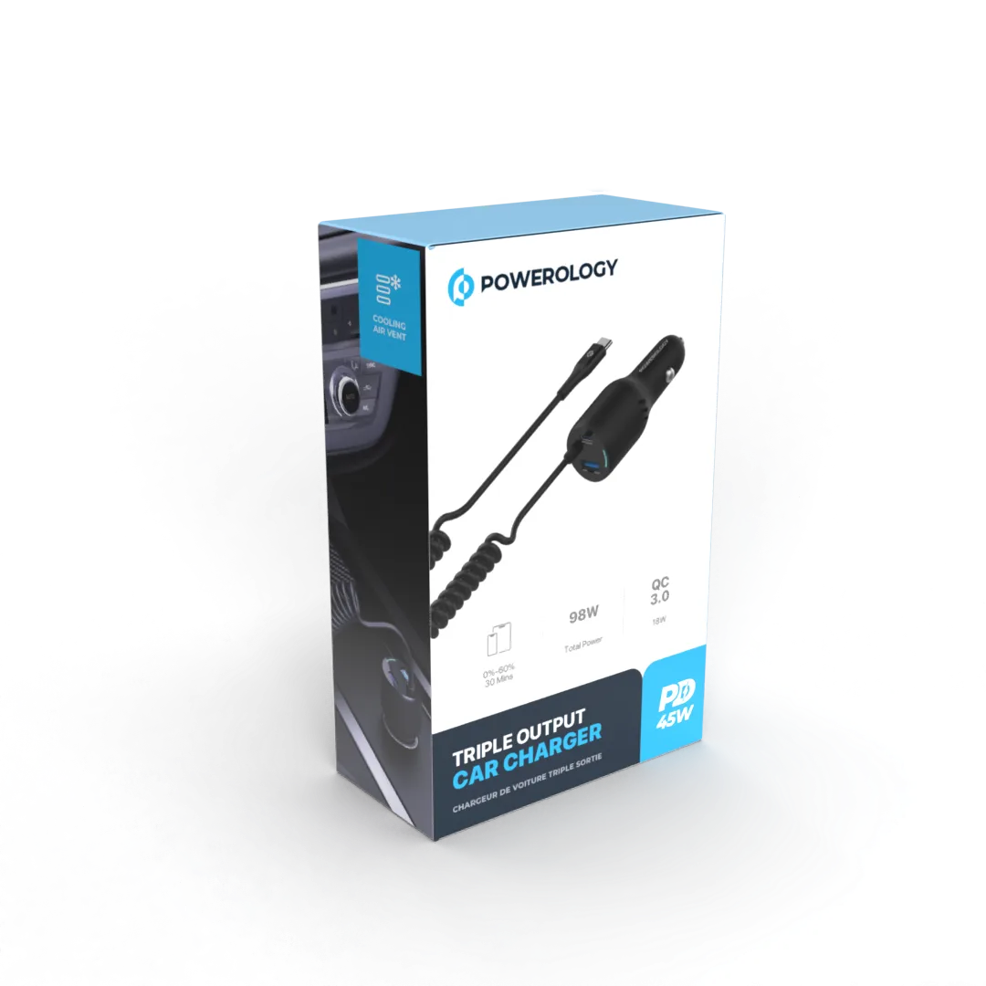 Car Charger 98W - Powerology Triple Port Fast Charging Adapter With Type-C Cable