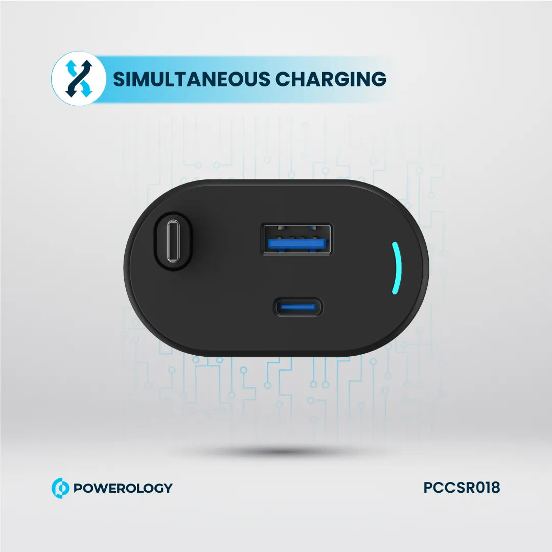 Type-C Car Charger - Powerology 70W Retractable Fast Charging Adapter with Built-In Safeguards