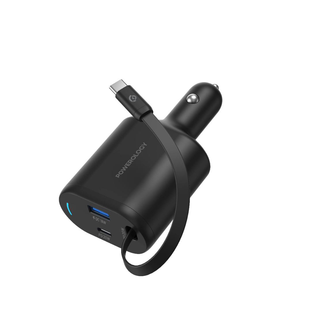 Type-C Car Charger - Powerology 70W Retractable Fast Charging Adapter with Built-In Safeguards