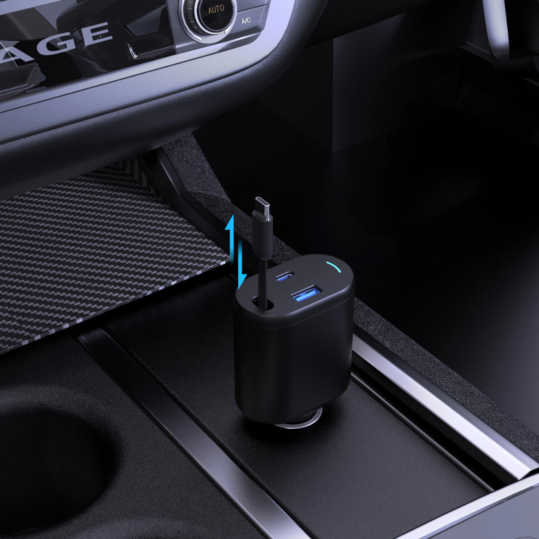 Type-C Car Charger - Powerology 70W Retractable Fast Charging Adapter with Built-In Safeguards