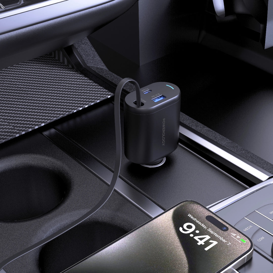 Type-C Car Charger - Powerology 70W Retractable Fast Charging Adapter with Built-In Safeguards