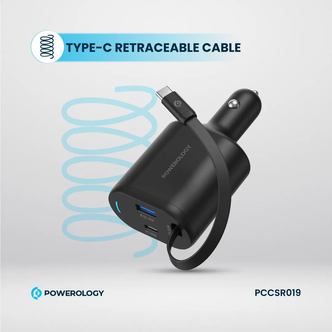 Type-C Car Charger - Powerology 115W Fast Charge Retractable Cable Black