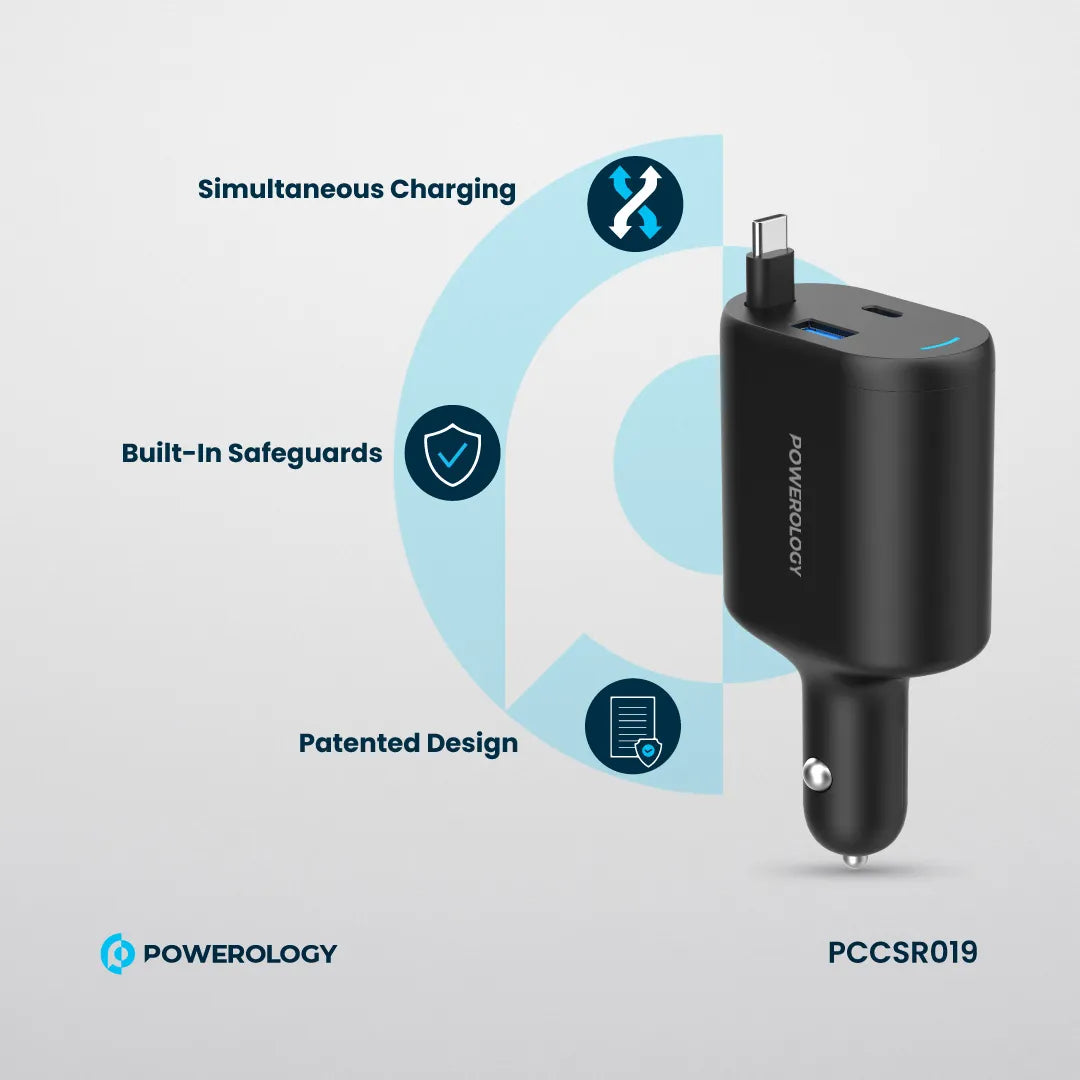 Type-C Car Charger - Powerology 115W Fast Charge Retractable Cable Black