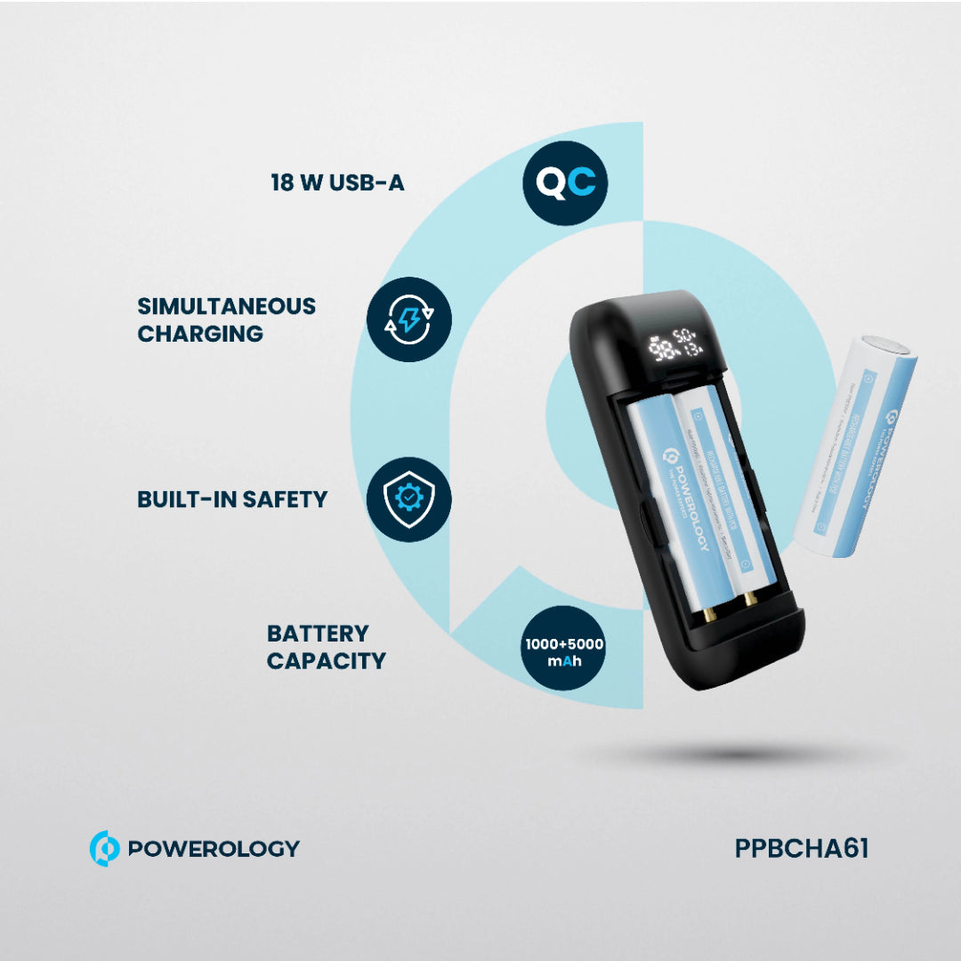 Powerology DIY Cell Powerbank - 15000mAh Portable Dual Battery Charger | USB-C Fast Charge