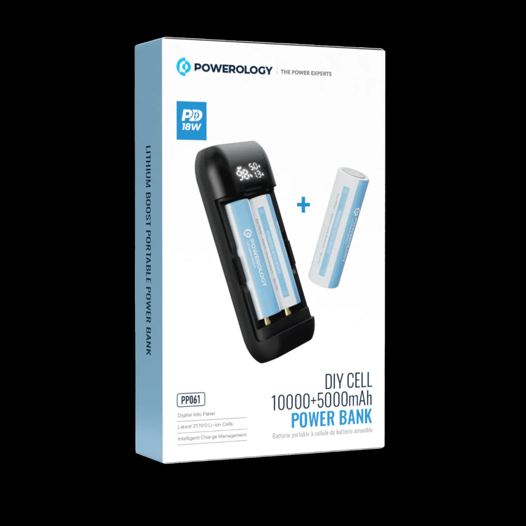 Powerology DIY Cell Powerbank - 15000mAh Portable Dual Battery Charger | USB-C Fast Charge
