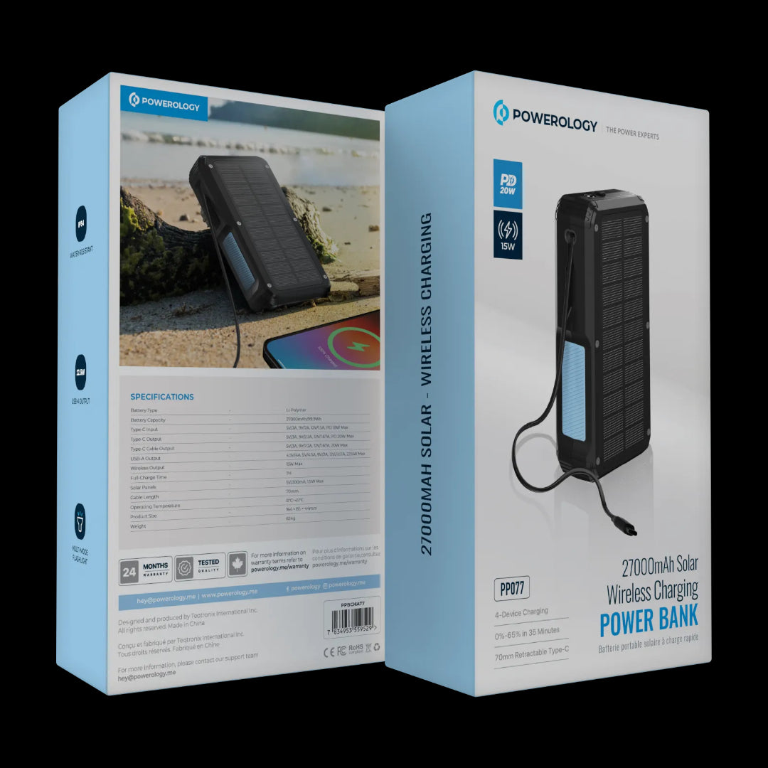 Solar Wireless Power Bank - 27000mAh Portable Charger with Fast Charging & Solar Panel