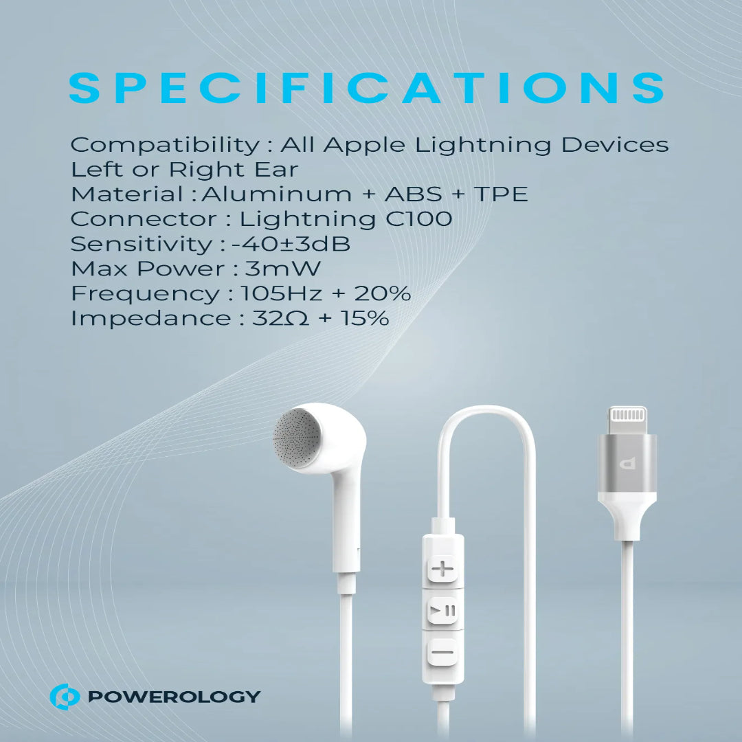 Mono Earphone Lightning | Powerology In-Ear Headphones with HD Sound & Siri Control