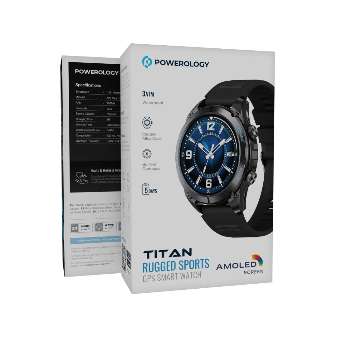 Rugged GPS Smartwatch - Powerology Titan Sports Watch With Compass, 3ATM Waterproof