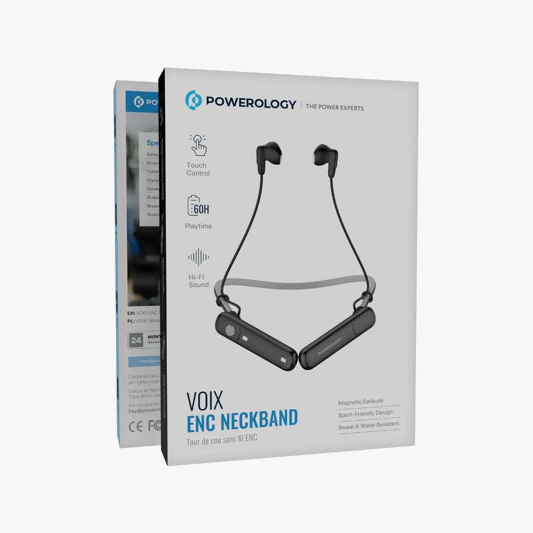 ENC Neckband Headphones - Powerology Wireless In-Ear Earbuds with 60H Battery Life