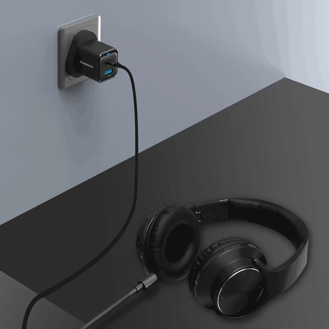Compact Quick Charger - Powerology Fast Dual Device Charger with USB-C Cable