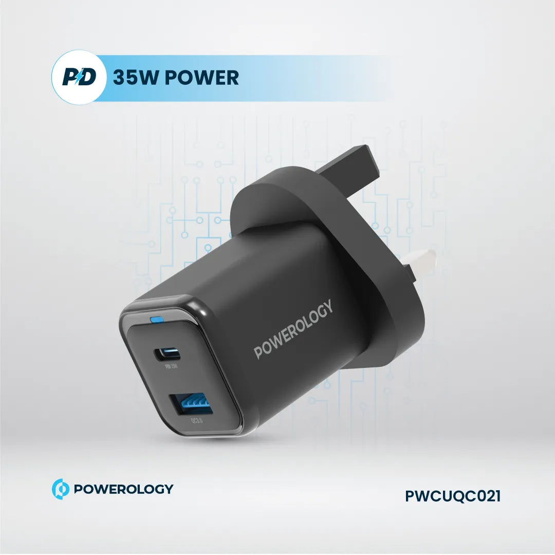 Compact Quick Charger - Powerology Fast Dual Device Charger with USB-C Cable