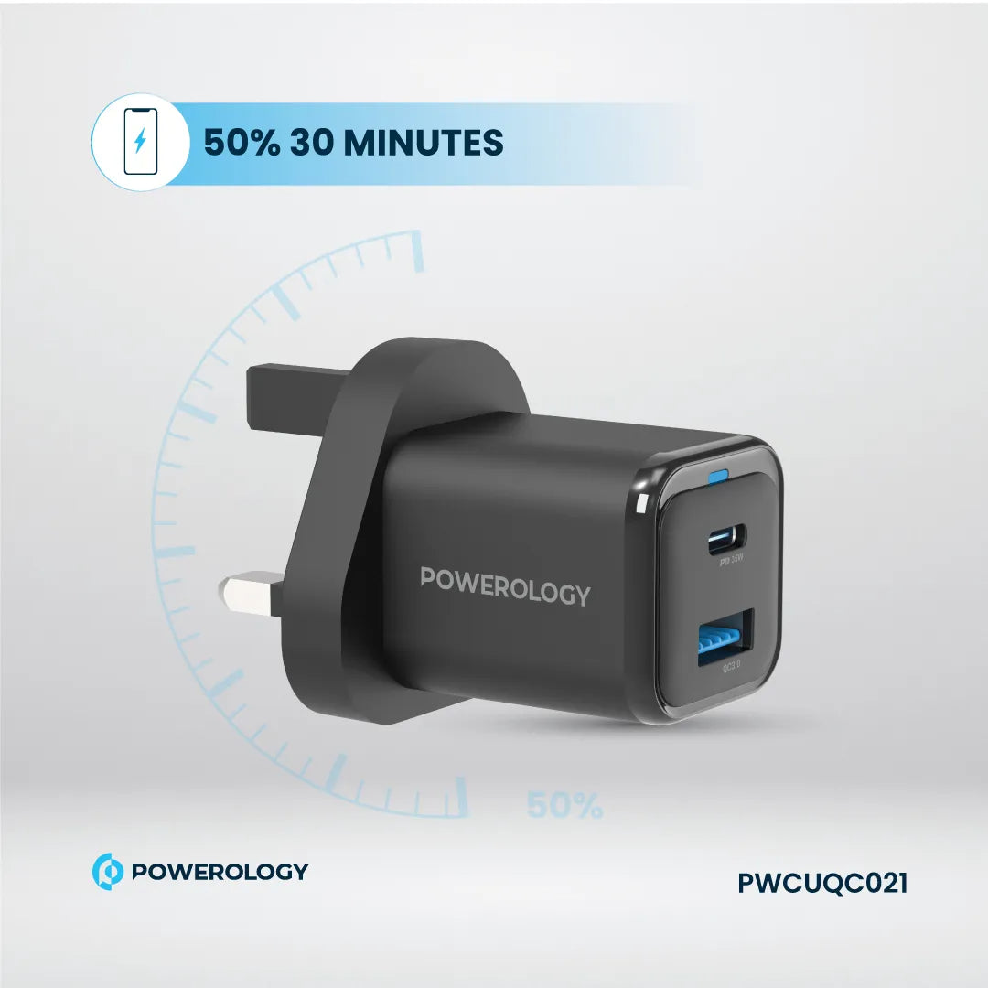 Compact Quick Charger - Powerology Fast Dual Device Charger with USB-C Cable