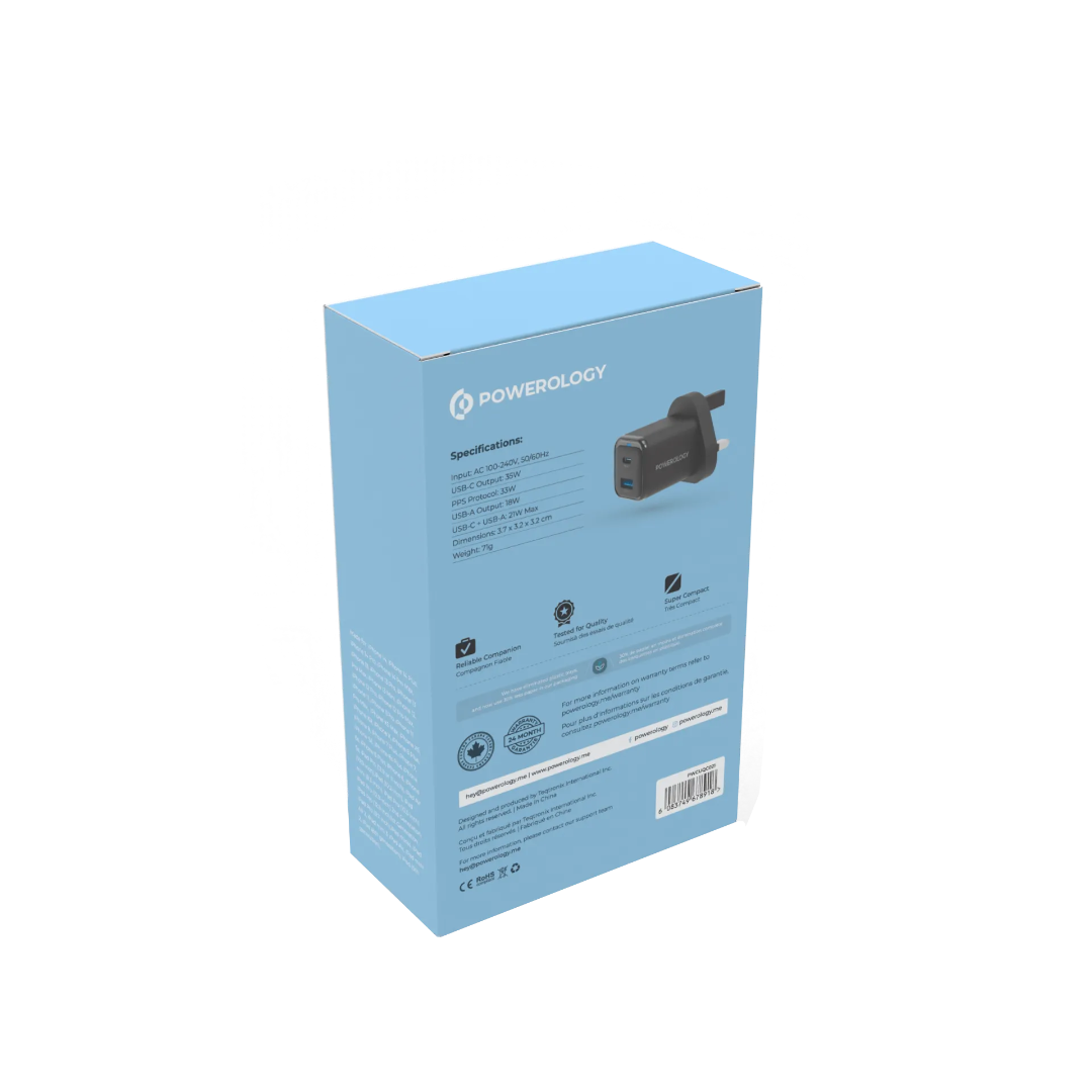 Compact Quick Charger - Powerology Fast Dual Device Charger with USB-C Cable