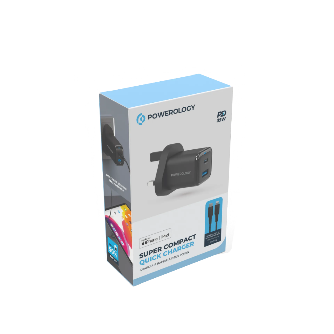 Compact Quick Charger - Powerology Fast Dual Device Charger with USB-C Cable