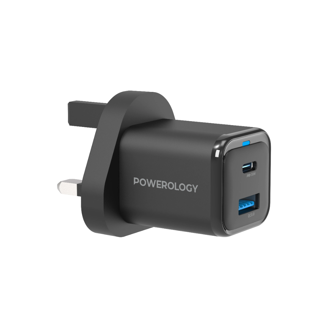 Compact Quick Charger - Powerology Fast Dual Device Charger with USB-C Cable