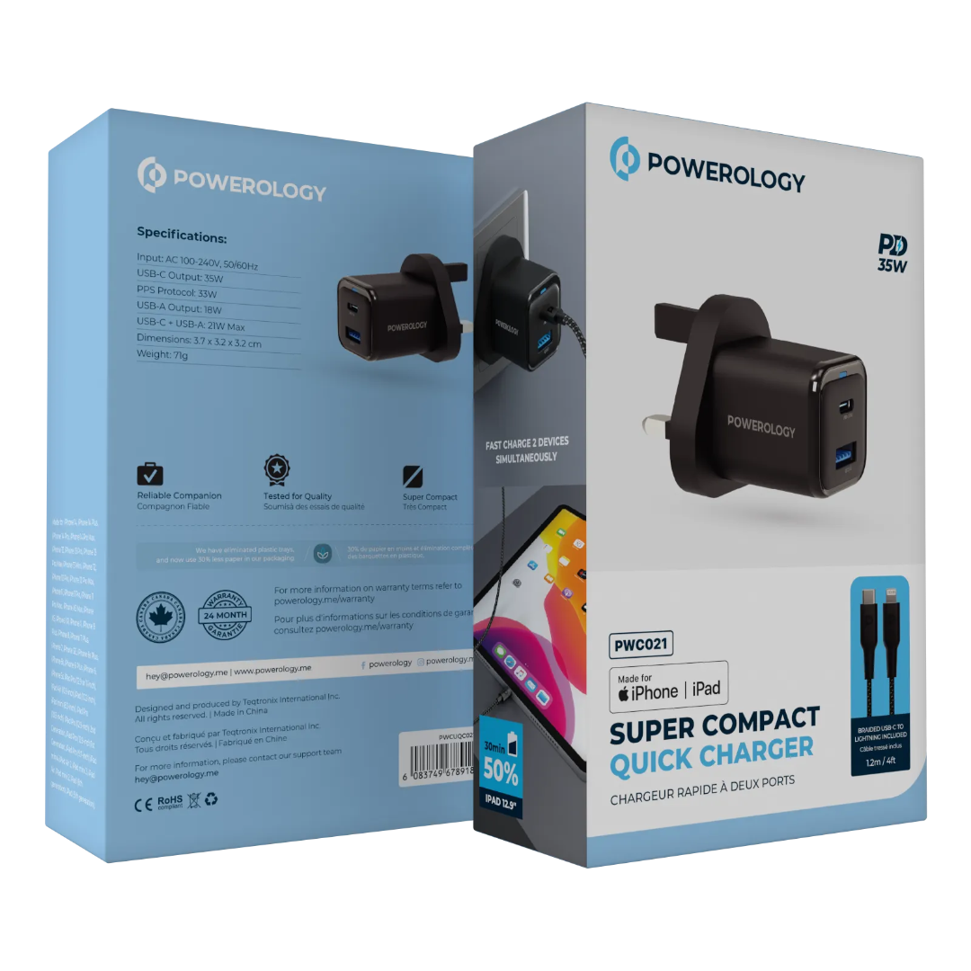 Compact Quick Charger - Powerology Fast Dual Device Charger with USB-C Cable