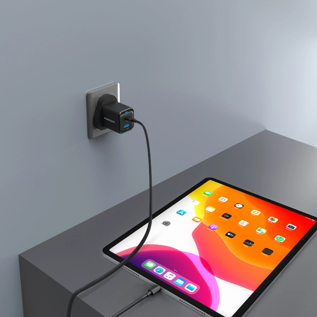 Compact Quick Charger - Powerology Fast Dual Device Charger with USB-C Cable