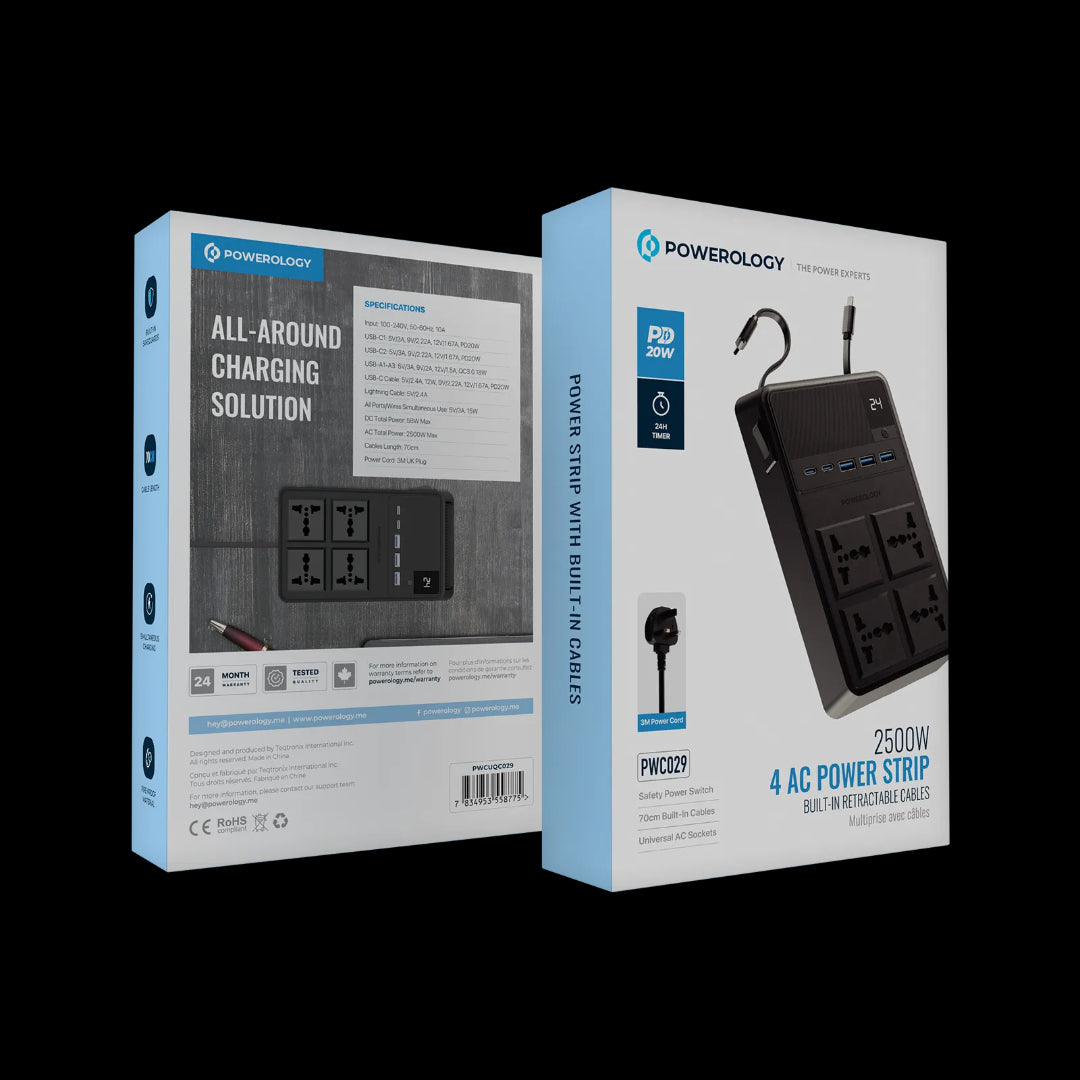 2500W Power Strip - Retractable Power Strip with USB Charging & Universal AC Sockets