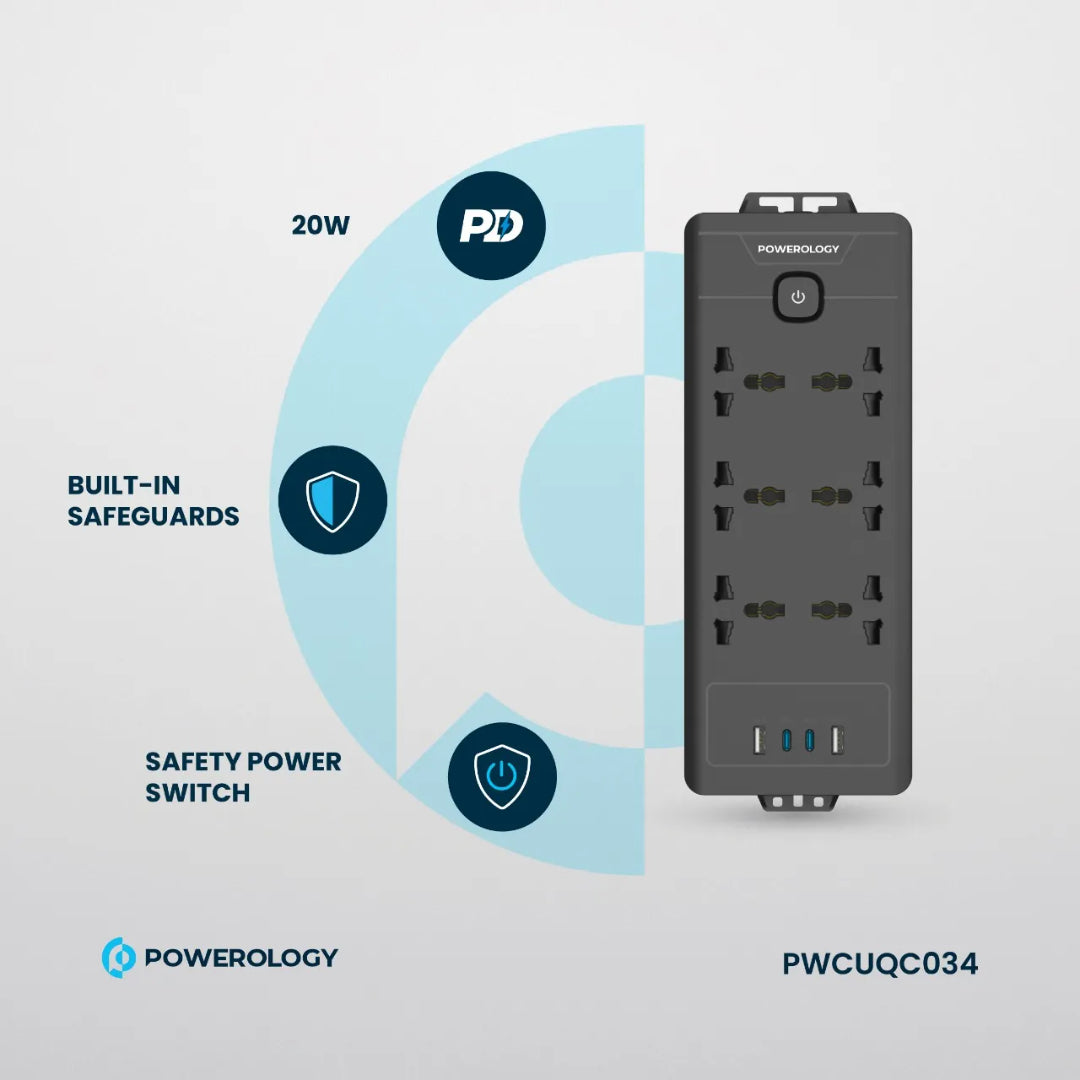 Power Strip With USB - Powerology 6 Outlet Fast Charging Station With Safety Switch