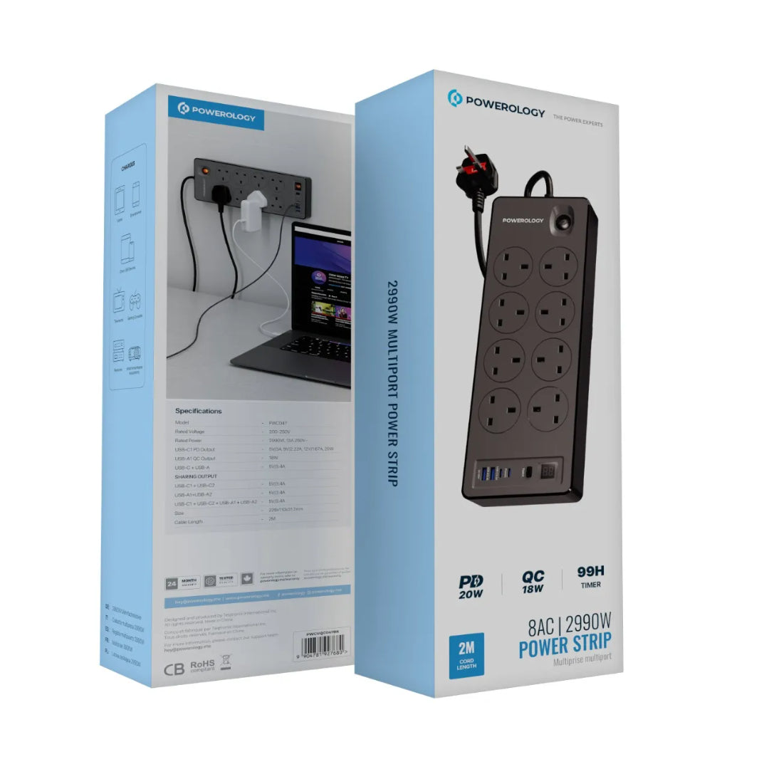 Power Strip 2990W - Powerology 8AC Surge Protector with PD 20W & QC 18W USB Ports