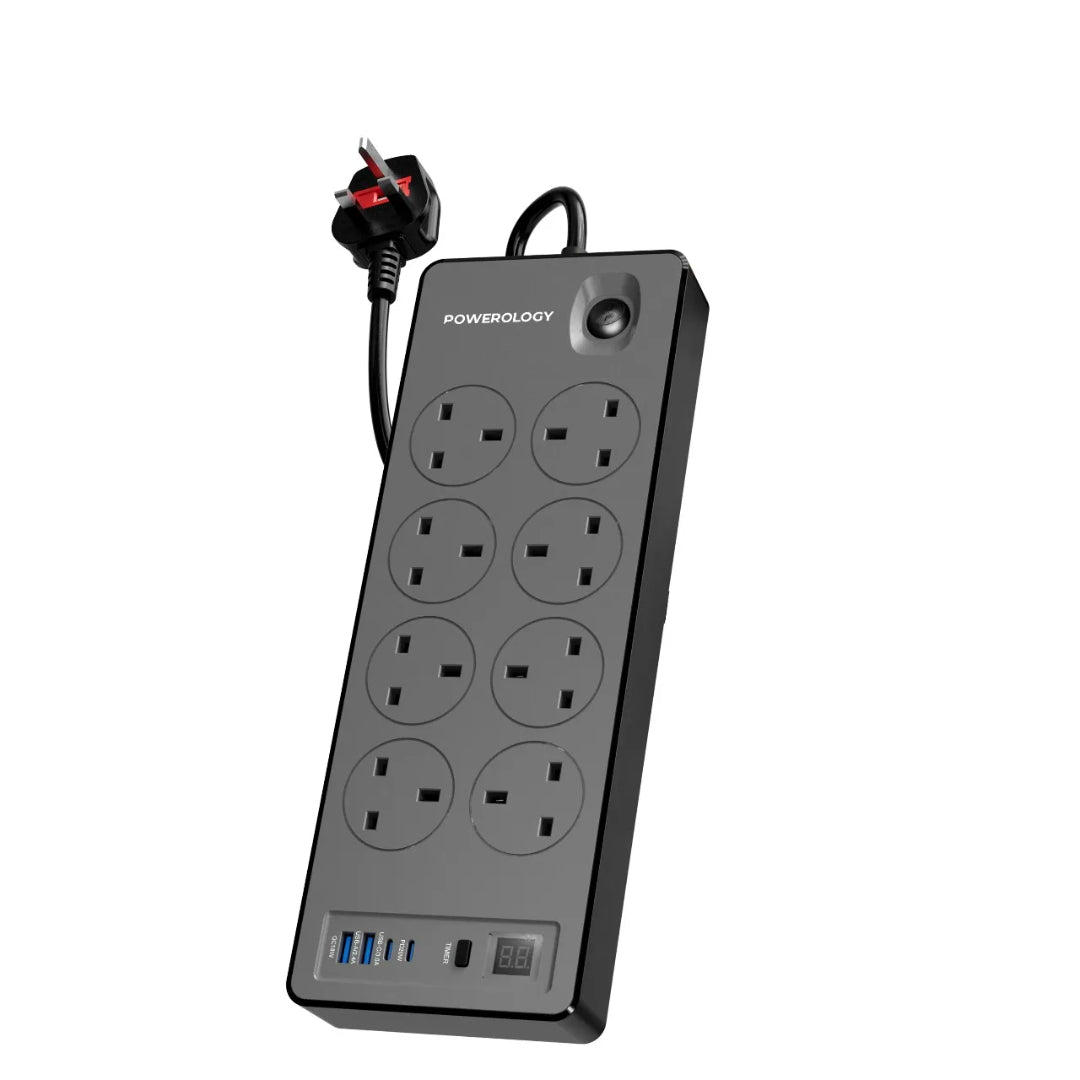 Power Strip 2990W - Powerology 8AC Surge Protector with PD 20W & QC 18W USB Ports