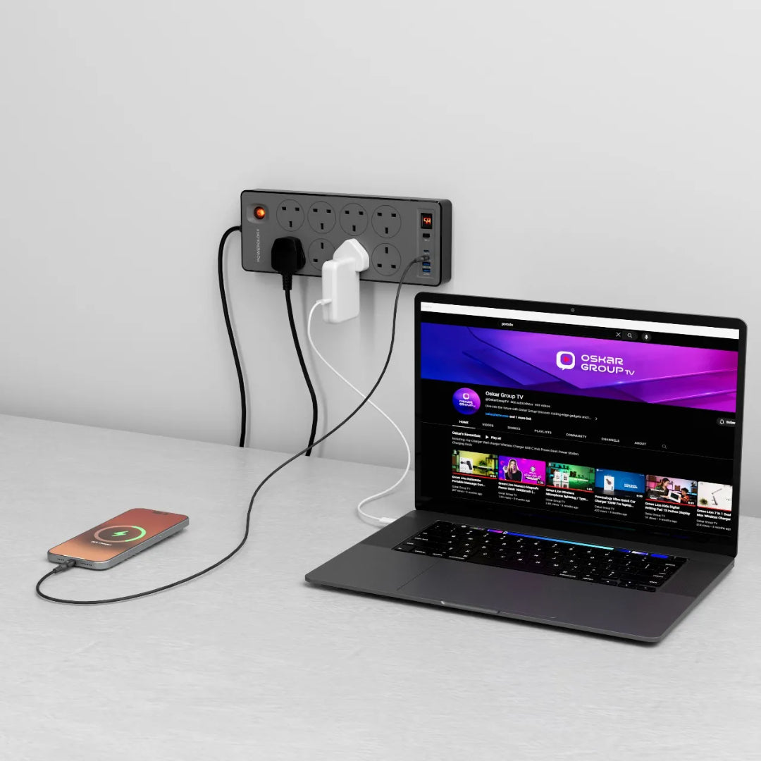 Power Strip 2990W - Powerology 8AC Surge Protector with PD 20W & QC 18W USB Ports