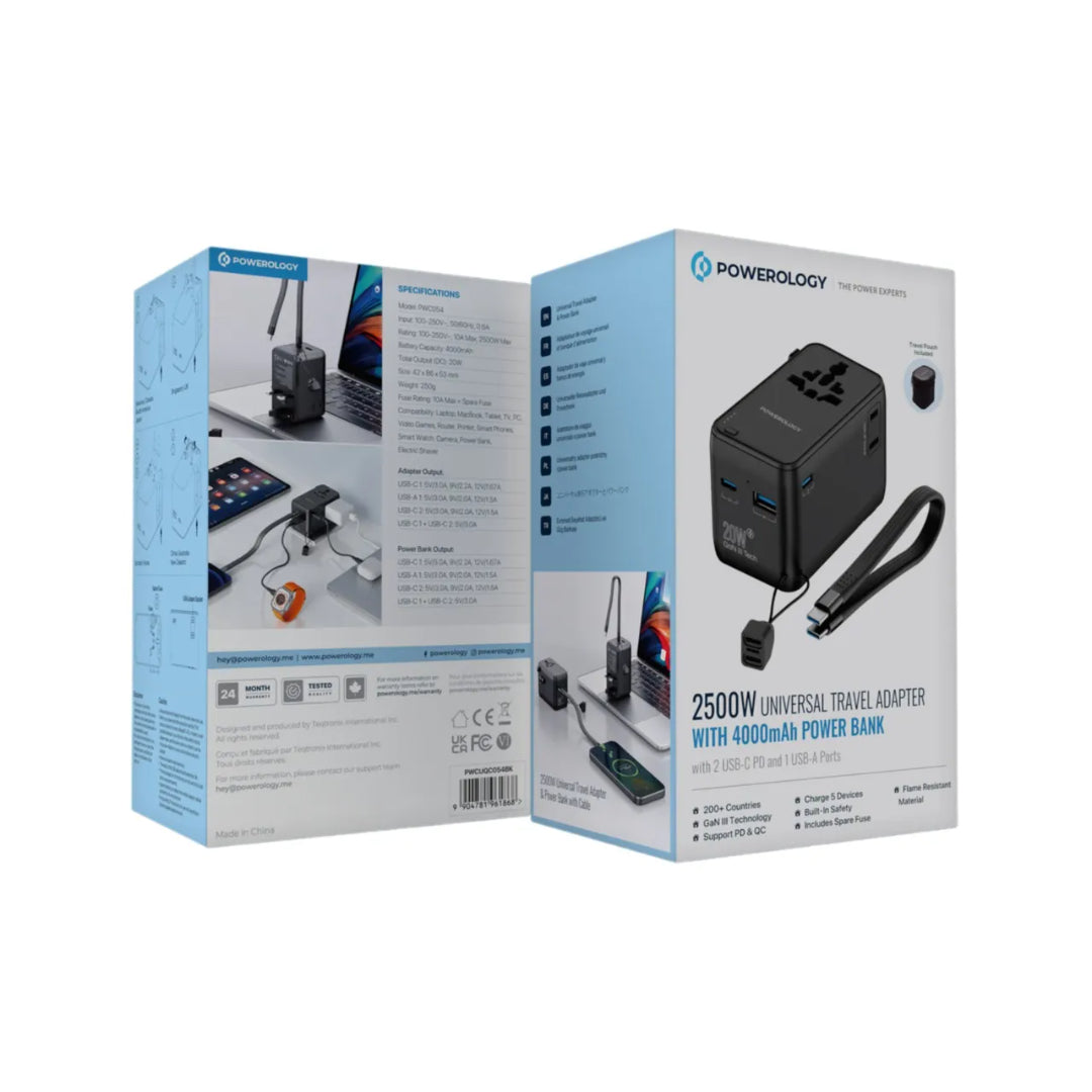 Universal Travel Adapter With 2500W Power Bank - Compact Multi Device Charger