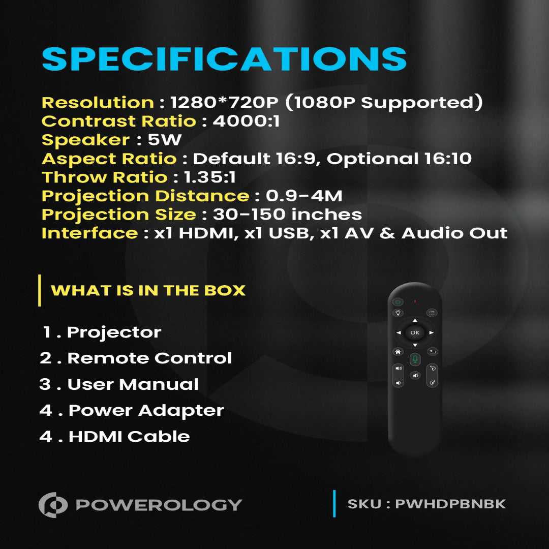Portable Projector 720P Powerology Rotating Stand Wireless Battery Powered Device