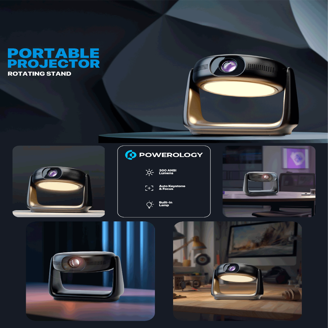 Portable Projector 720P Powerology Rotating Stand Wireless Battery Powered Device