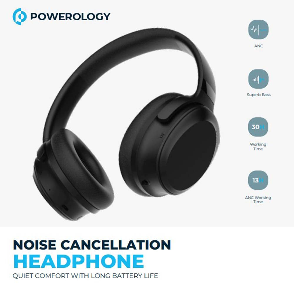 Noise Cancellation Headphones – Powerology Wireless Over Ear Headphones with Super Bass