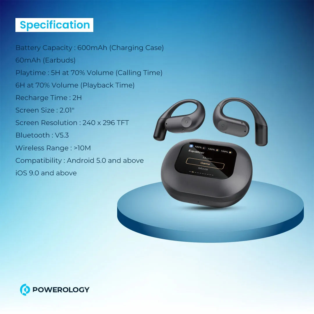 Wireless Stereo Earbuds - Powerology Open-Ear Bluetooth Audio Earphones Black