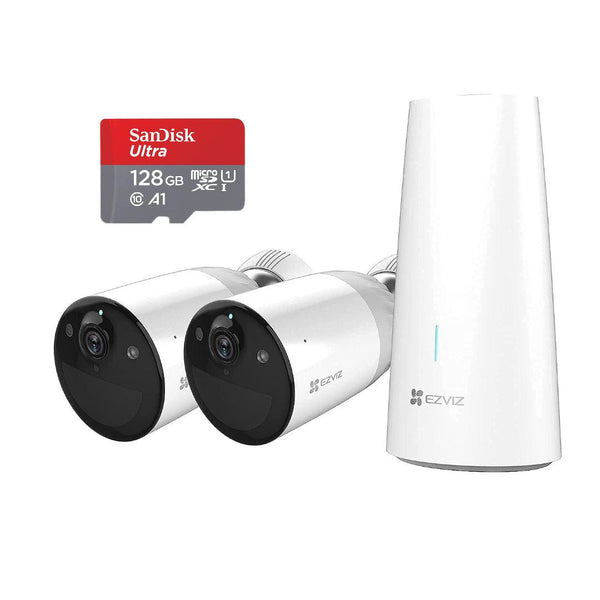 EZVIZ BC1 Wireless Outdoor Cameras 1080p Wi Fi, 365 Days Battery Life, Two Way Audio, 2 Camera Kit with 1 Base, Alexa, CS-BC1-B2, BC1-2 Camera with SanDisk 128GB Ultra MicroSDXC - Lolly