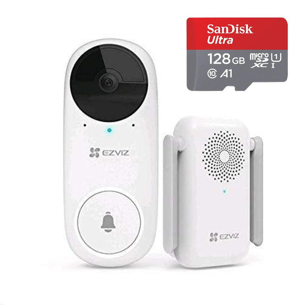 EZVIZ DB2C WireFree Video Doorbell Wireless Security Camera Two Way Talk with SanDisk 128GB Ultra MicroSDXC - Lolly