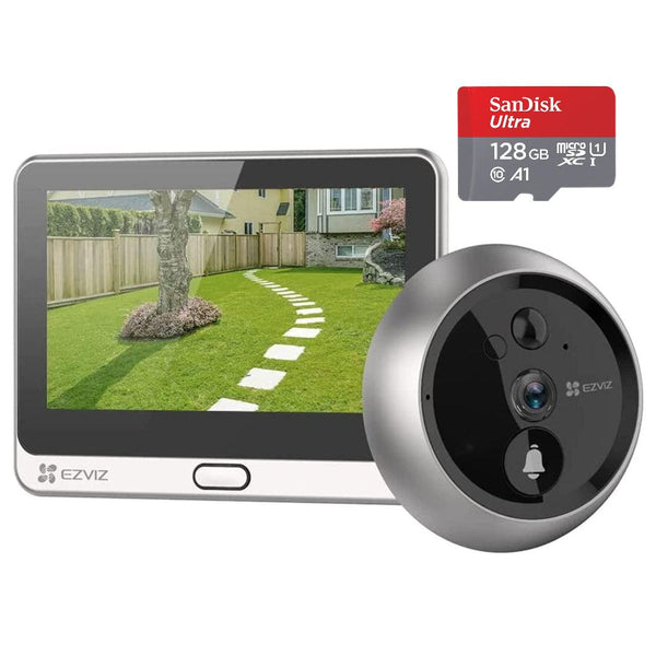 EZVIZ 1080P Video Door Viewer Peephole Camera with 4.3" Colour Screen Display, Rechargable Battery,Two-Way Audio, PIR Motion Detection (DP2C) with SanDisk 128GB Ultra MicroSDXC - Lolly