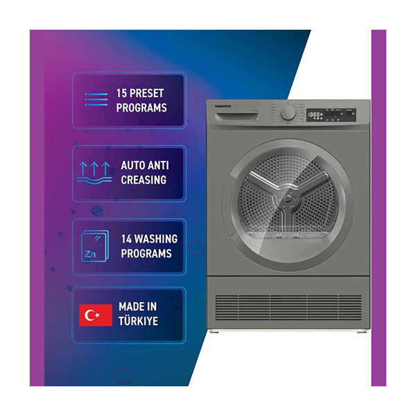 Front Load Dryer Daewoo 8kg Capacity | Energy Efficient Silver Finish
