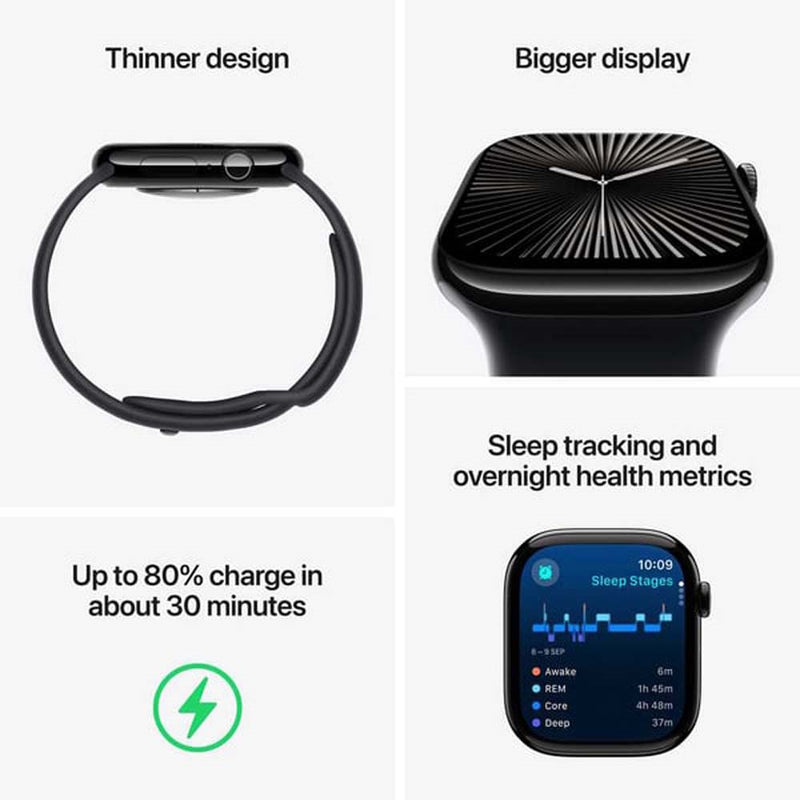 Apple Watch Series 10 GPS Aluminum Sport Band (42mm) M/L,Jet Black / Black