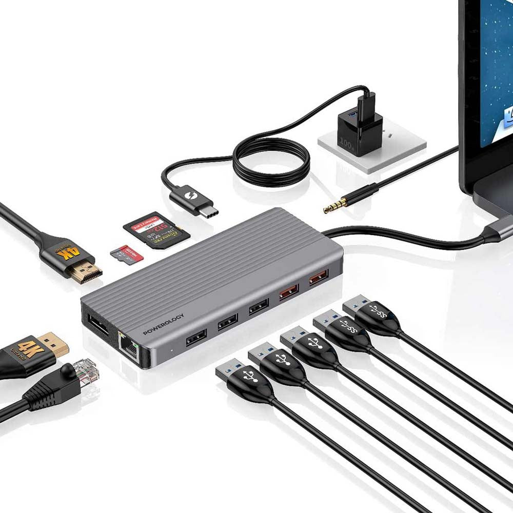 USB-C Hub 12-in-1 Powerology | 4K HDMI & DisplayPort Adapter with Ethernet