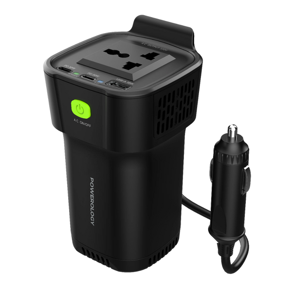 Powerology 150W Cup Holder Inverter - Dual USB-C & QC3.0 Black